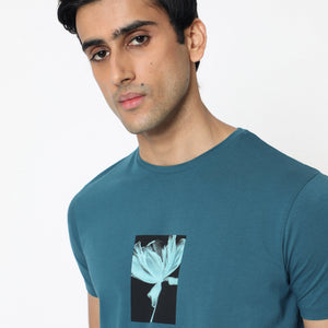 Rare Rabbit Men's Dixie Blue Crew Neck Floral Discharge Print Half Sleeves Slim Fit T-Shirt