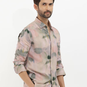Rare Rabbit Men's Donac Dusky Olive Viscose Fabric Full Sleeves Abstract Print Shirt
