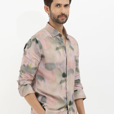 Rare Rabbit Men's Donac Dusky Olive Viscose Fabric Full Sleeves Abstract Print Shirt