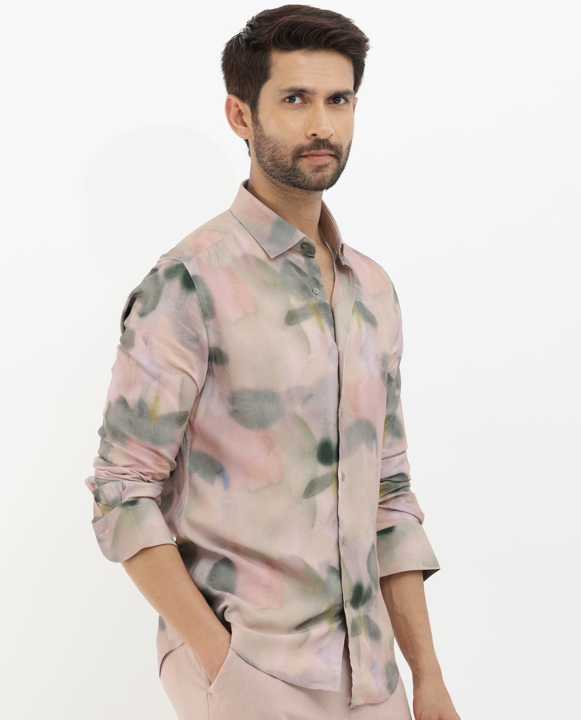 Rare Rabbit Men's Donac Dusky Olive Viscose Fabric Full Sleeves Abstract Print Shirt