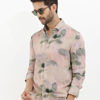 Rare Rabbit Men's Donac Dusky Olive Viscose Fabric Full Sleeves Abstract Print Shirt