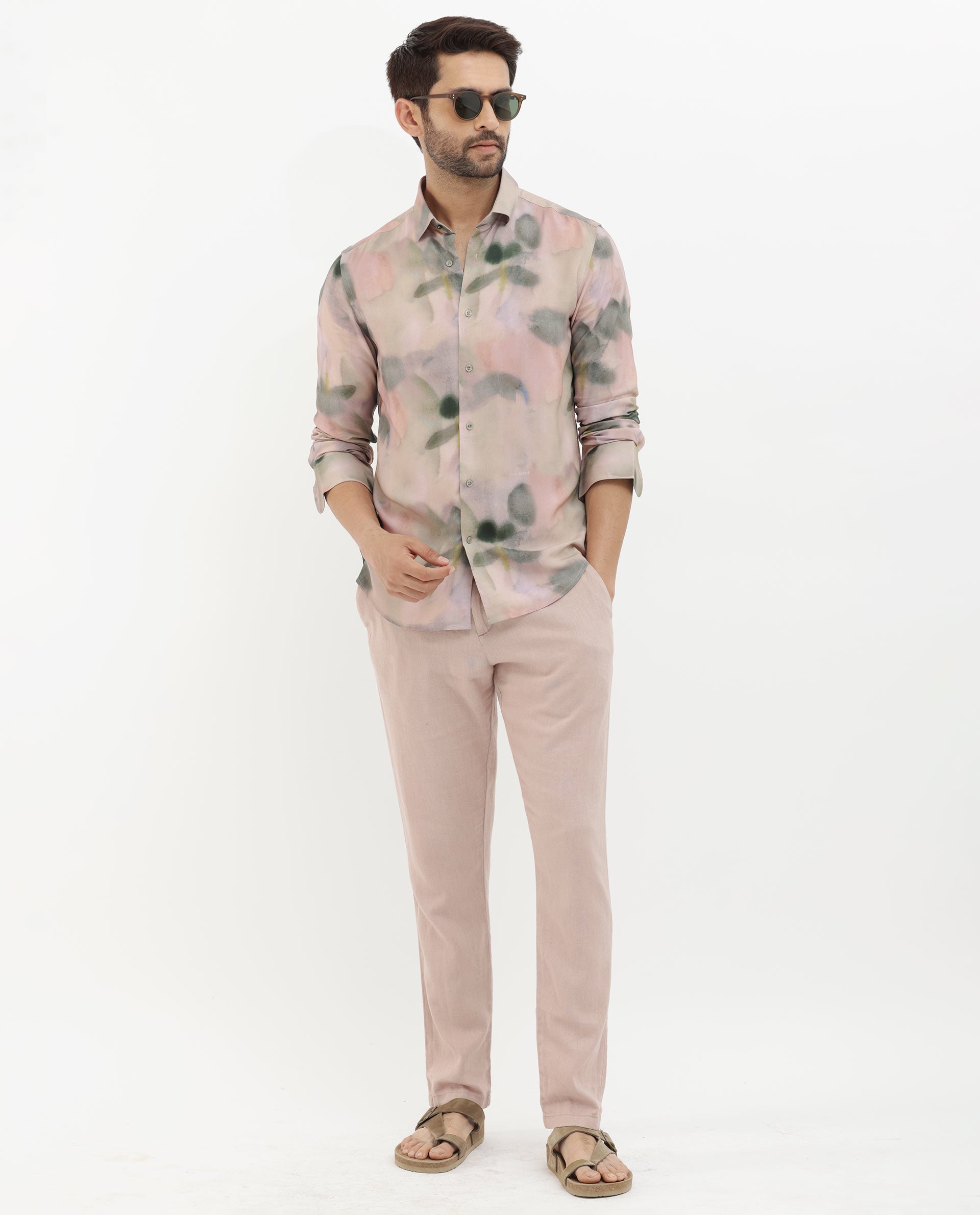 Rare Rabbit Men's Donac Dusky Olive Viscose Fabric Full Sleeves Abstract Print Shirt