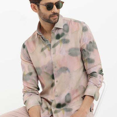 Rare Rabbit Men's Donac Dusky Olive Viscose Fabric Full Sleeves Abstract Print Shirt