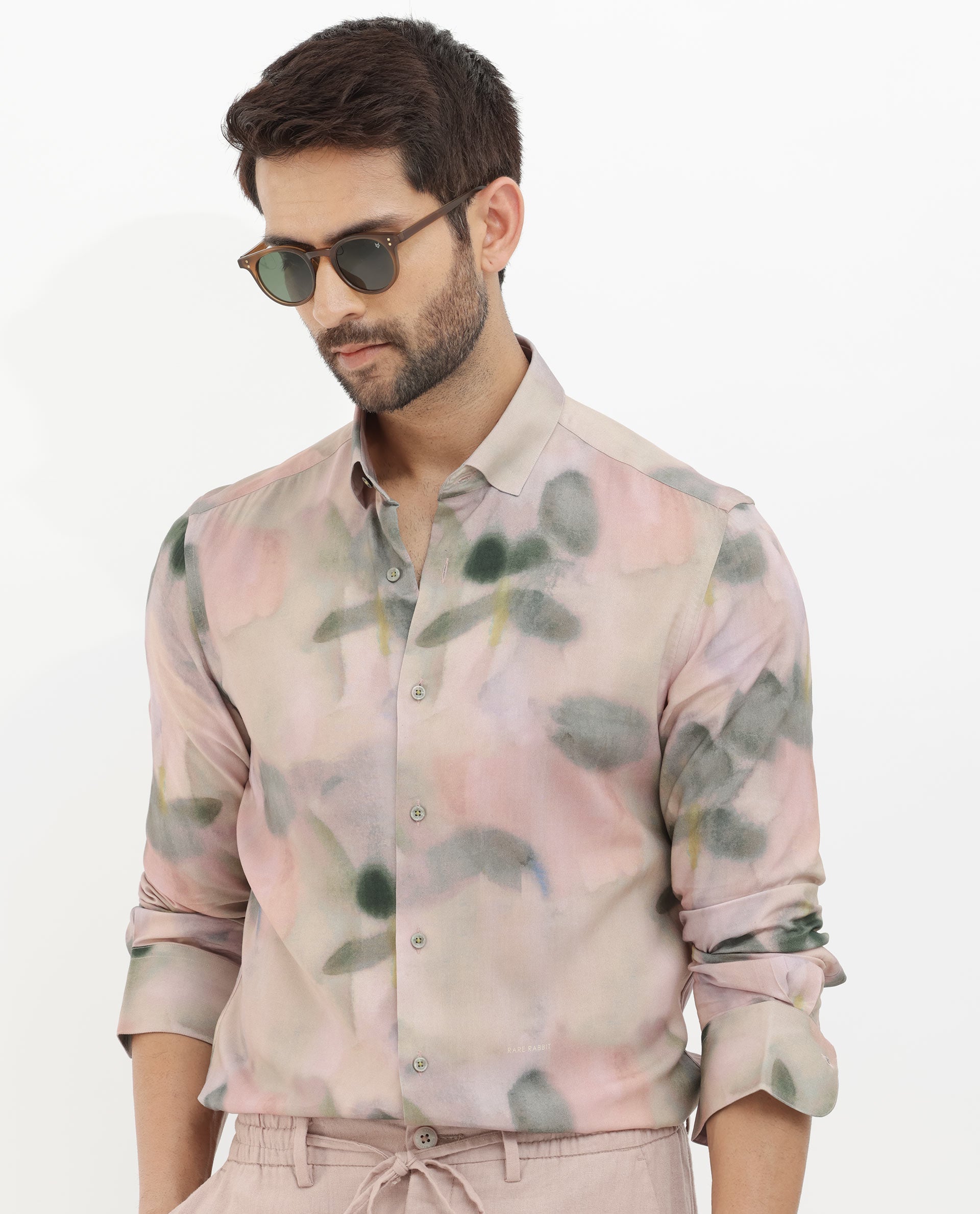 Rare Rabbit Men's Donac Dusky Olive Viscose Fabric Full Sleeves Abstract Print Shirt