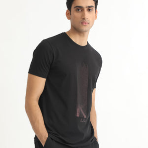 Rare Rabbit Men's Dotter-1 Black Crew Neck Half Sleeves Regular Fit Graphic Printed Branding T-Shirt