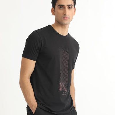 Rare Rabbit Men's Dotter-1 Black Crew Neck Half Sleeves Regular Fit Graphic Printed Branding T-Shirt