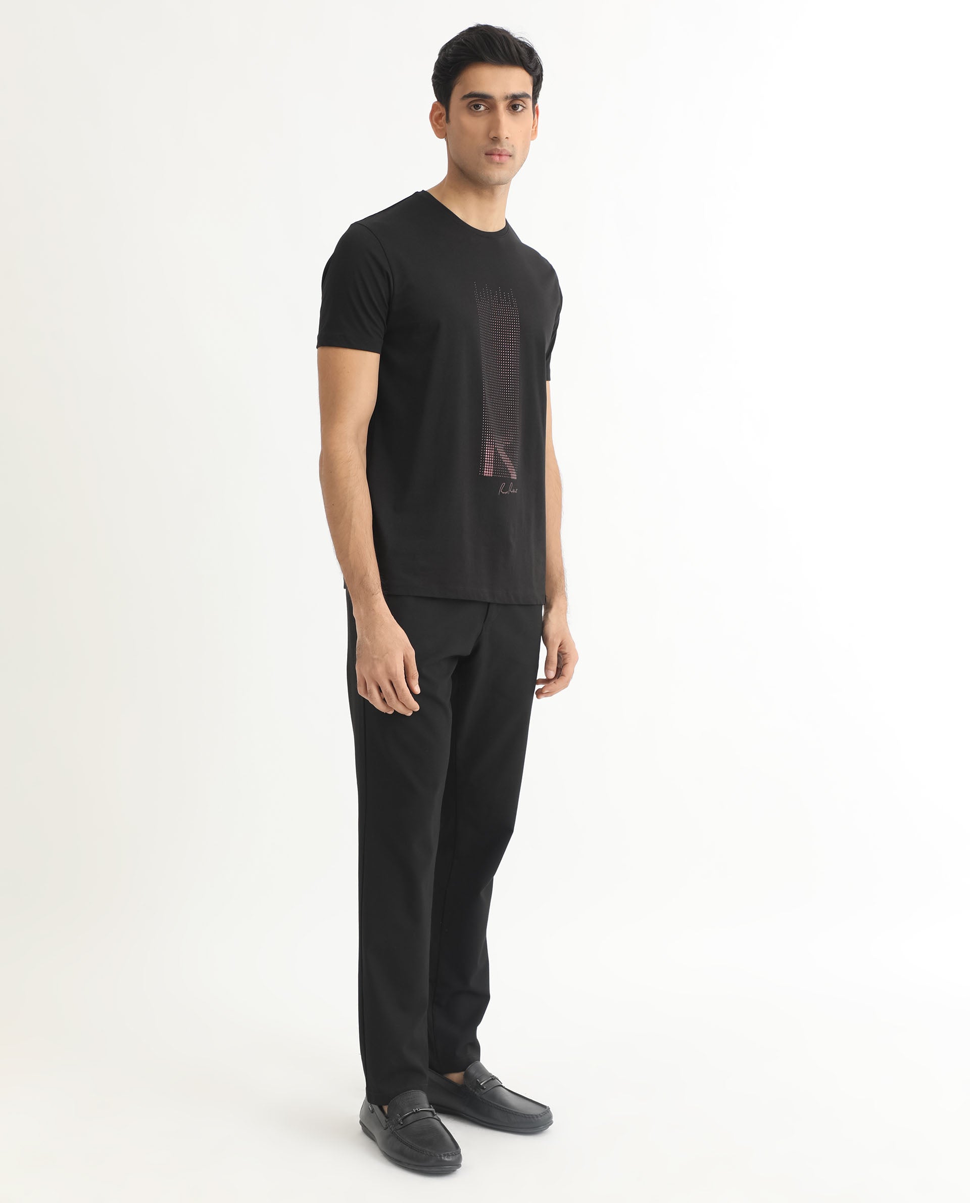 Rare Rabbit Men's Dotter-1 Black Crew Neck Half Sleeves Regular Fit Graphic Printed Branding T-Shirt