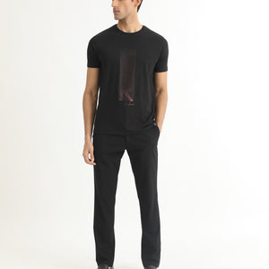 Rare Rabbit Men's Dotter-1 Black Crew Neck Half Sleeves Regular Fit Graphic Printed Branding T-Shirt