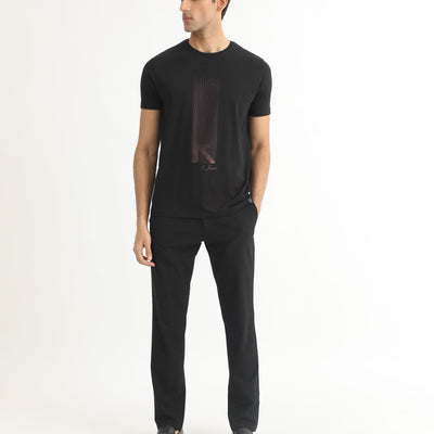 Rare Rabbit Men's Dotter-1 Black Crew Neck Half Sleeves Regular Fit Graphic Printed Branding T-Shirt