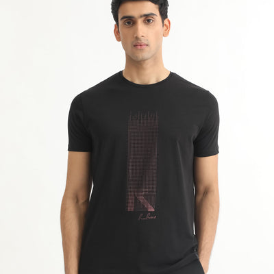 Rare Rabbit Men's Dotter-1 Black Crew Neck Half Sleeves Regular Fit Graphic Printed Branding T-Shirt