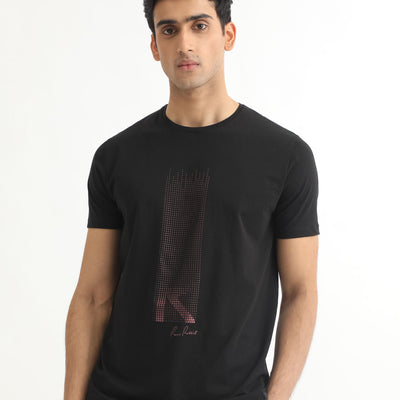 Rare Rabbit Men's Dotter-1 Black Crew Neck Half Sleeves Regular Fit Graphic Printed Branding T-Shirt