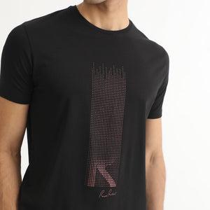 Rare Rabbit Men's Dotter-1 Black Crew Neck Half Sleeves Regular Fit Graphic Printed Branding T-Shirt