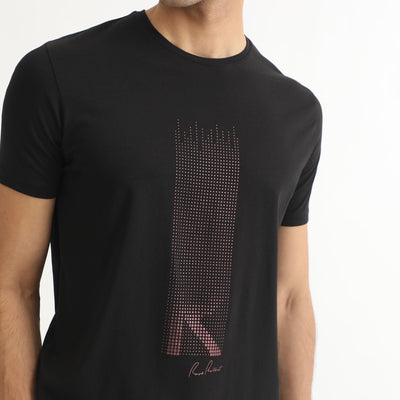 Rare Rabbit Men's Dotter-1 Black Crew Neck Half Sleeves Regular Fit Graphic Printed Branding T-Shirt
