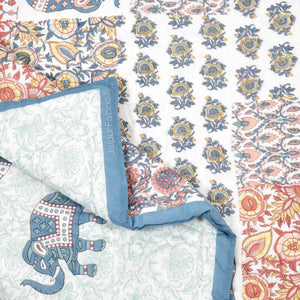 Reversible Patchwork Elephant Print with Intricate Floral Design Double Sided Quilt Rajai
