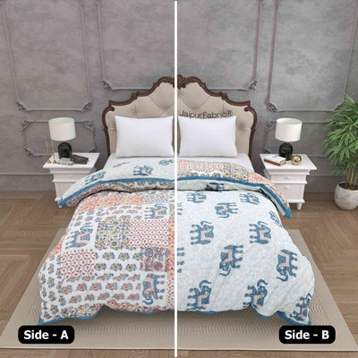 Reversible Patchwork Elephant Print with Intricate Floral Design Double Sided Quilt Rajai