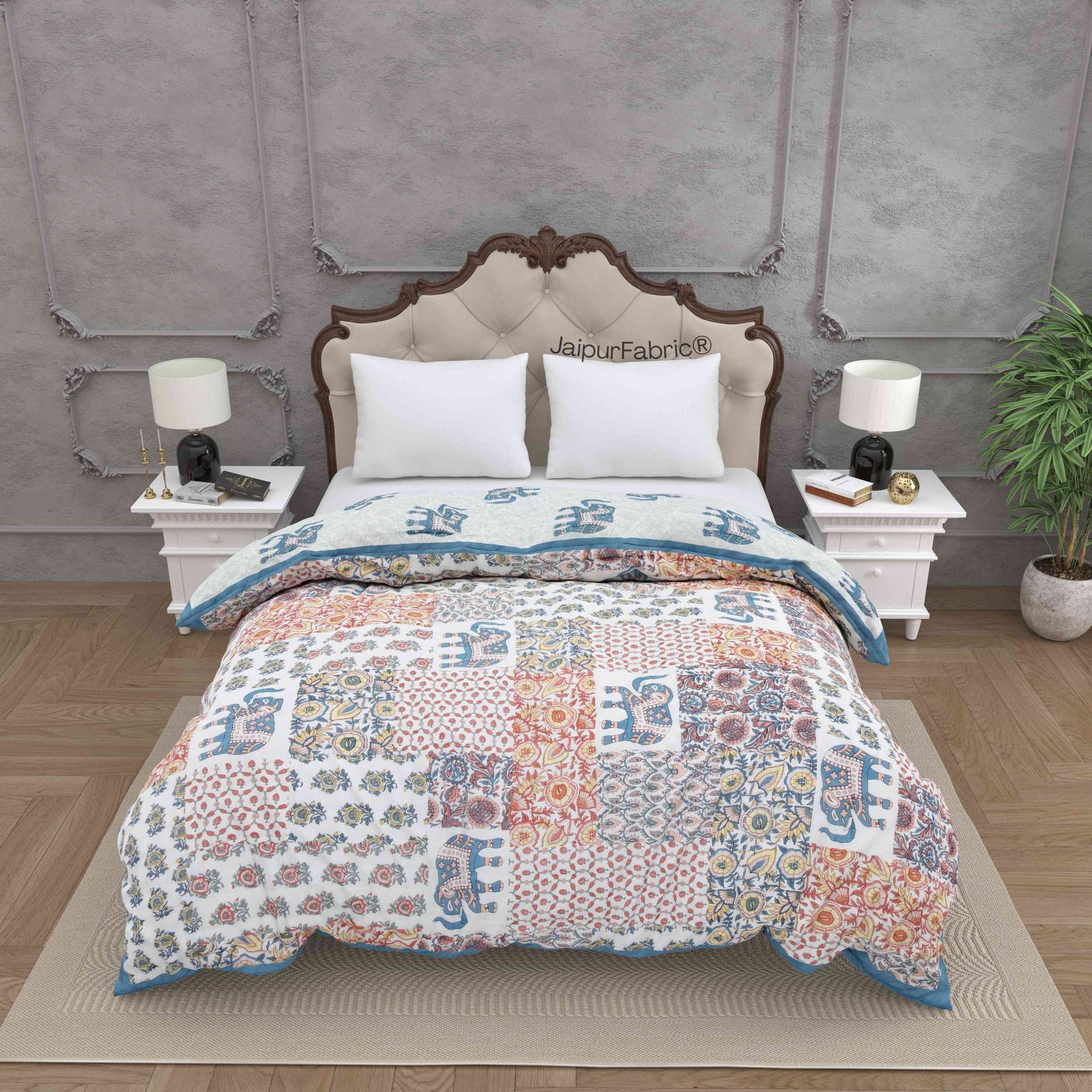 Reversible Patchwork Elephant Print with Intricate Floral Design Double Sided Quilt Rajai