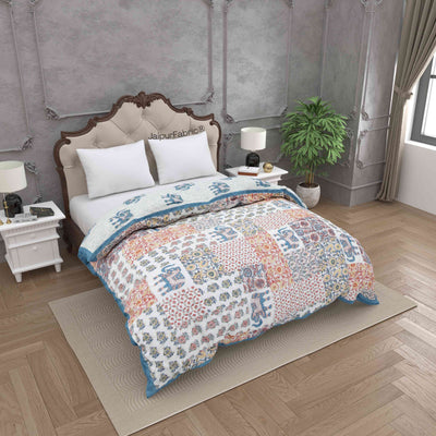 Reversible Patchwork Elephant Print with Intricate Floral Design Double Sided Quilt Rajai