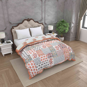 Reversible Patchwork Elephant Print Peach with Intricate Floral Design Double Sided Quilt Rajai