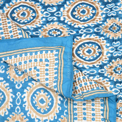 Peacock Elegance Reversible Vibrant Blue & Beige Motifs Double Bed Quilt Rajai