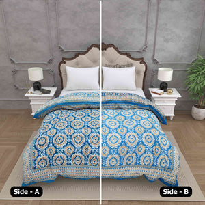 Peacock Elegance Reversible Vibrant Blue & Beige Motifs Double Bed Quilt Rajai