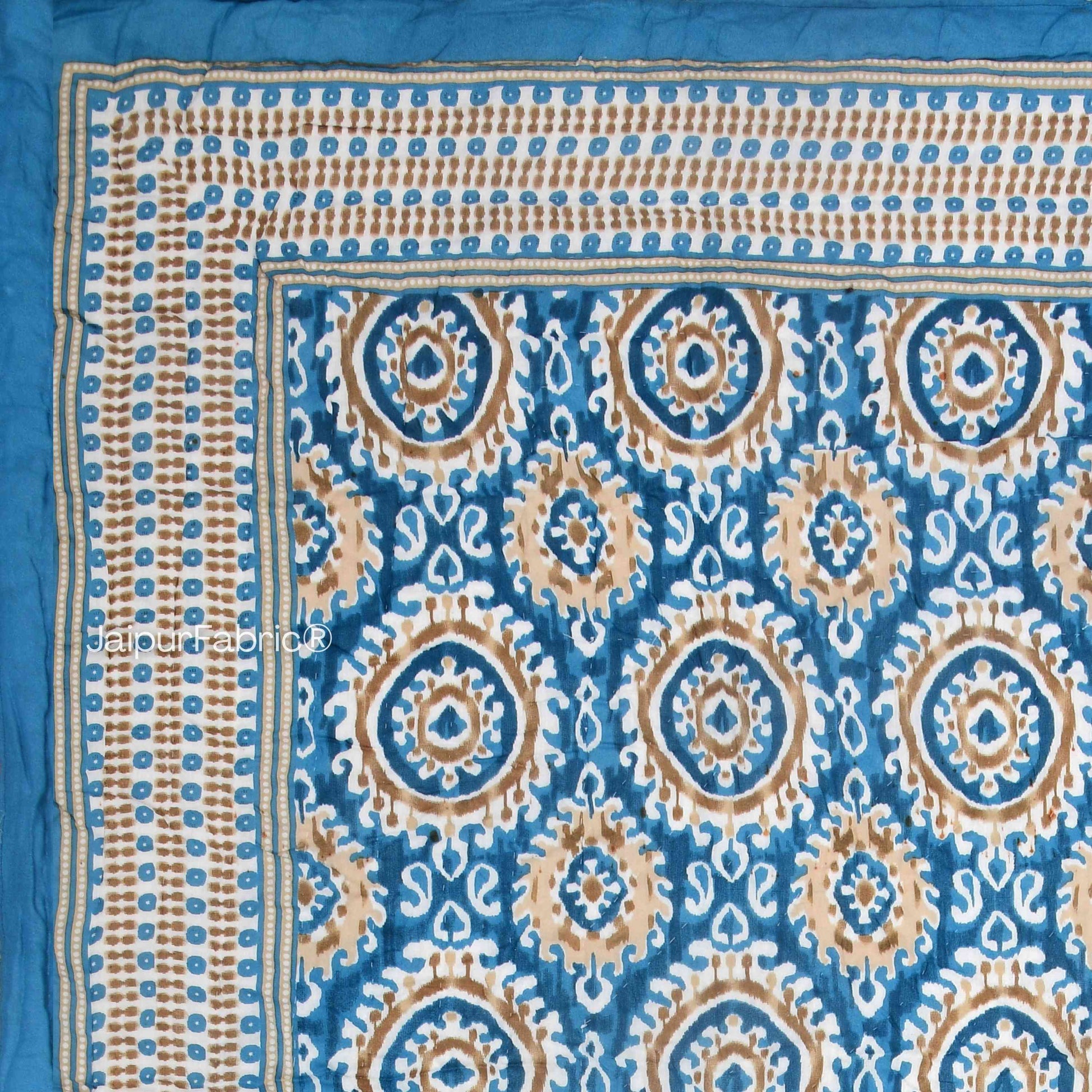 Peacock Elegance Reversible Vibrant Blue & Beige Motifs Double Bed Quilt Rajai