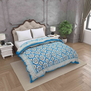Peacock Elegance Reversible Vibrant Blue & Beige Motifs Double Bed Quilt Rajai