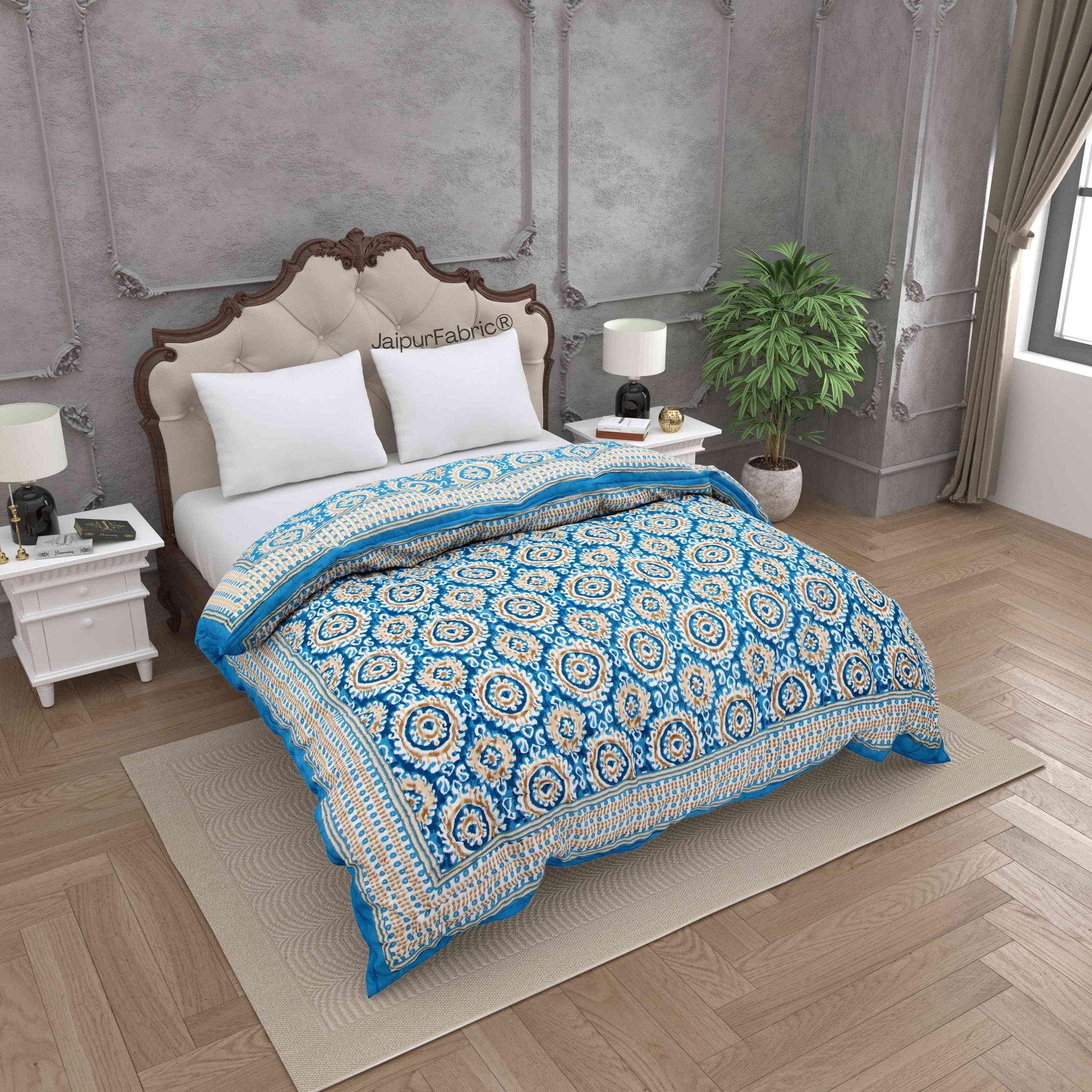 Peacock Elegance Reversible Vibrant Blue & Beige Motifs Double Bed Quilt Rajai