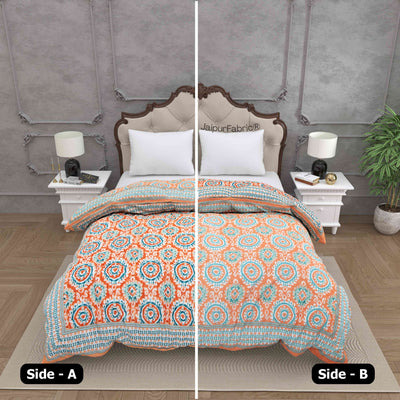 Peacock Elegance Reversible Vibrant Peach & Teal Motifs Double Bed Quilt Rajai