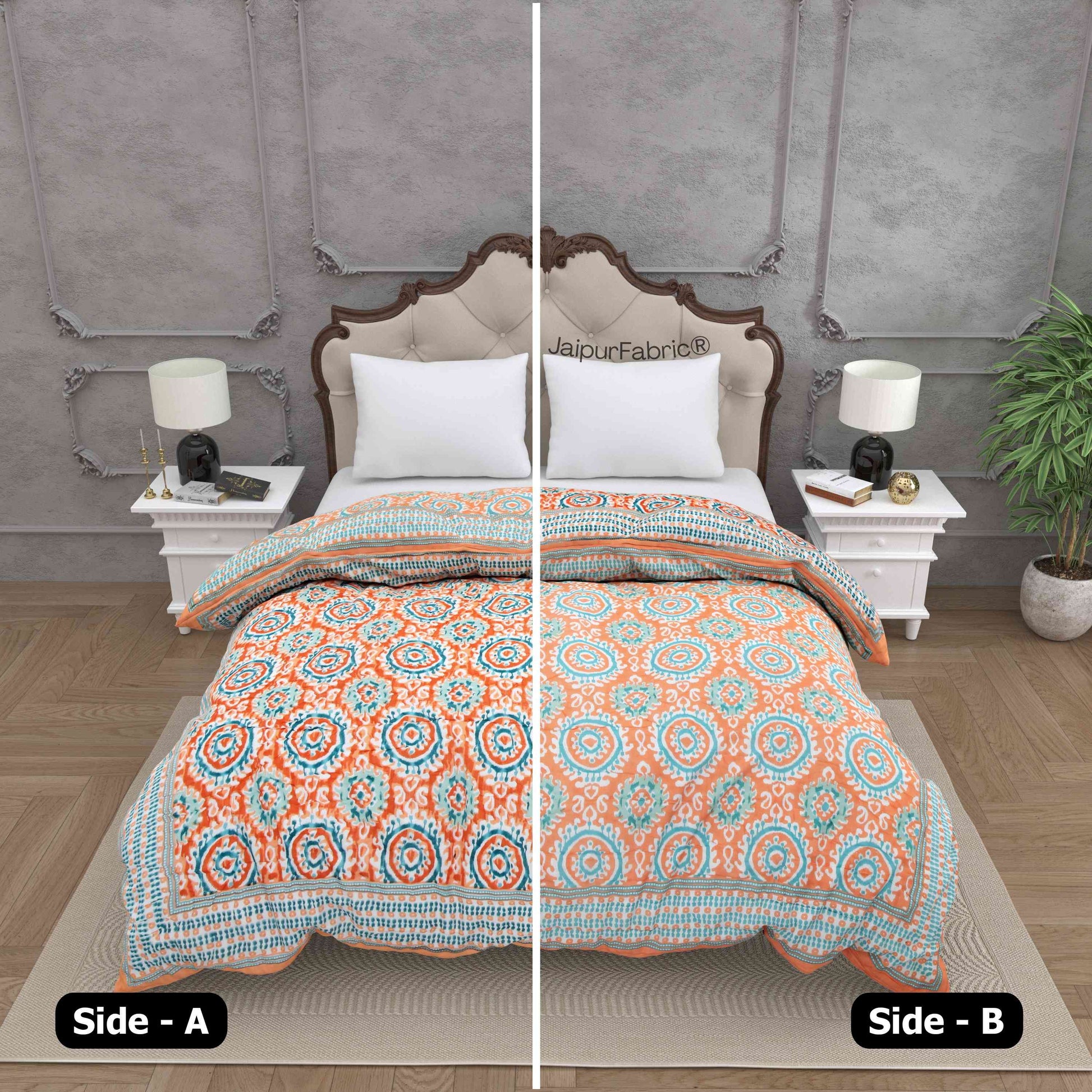 Peacock Elegance Reversible Vibrant Peach & Teal Motifs Double Bed Quilt Rajai