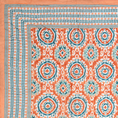 Peacock Elegance Reversible Vibrant Peach & Teal Motifs Double Bed Quilt Rajai