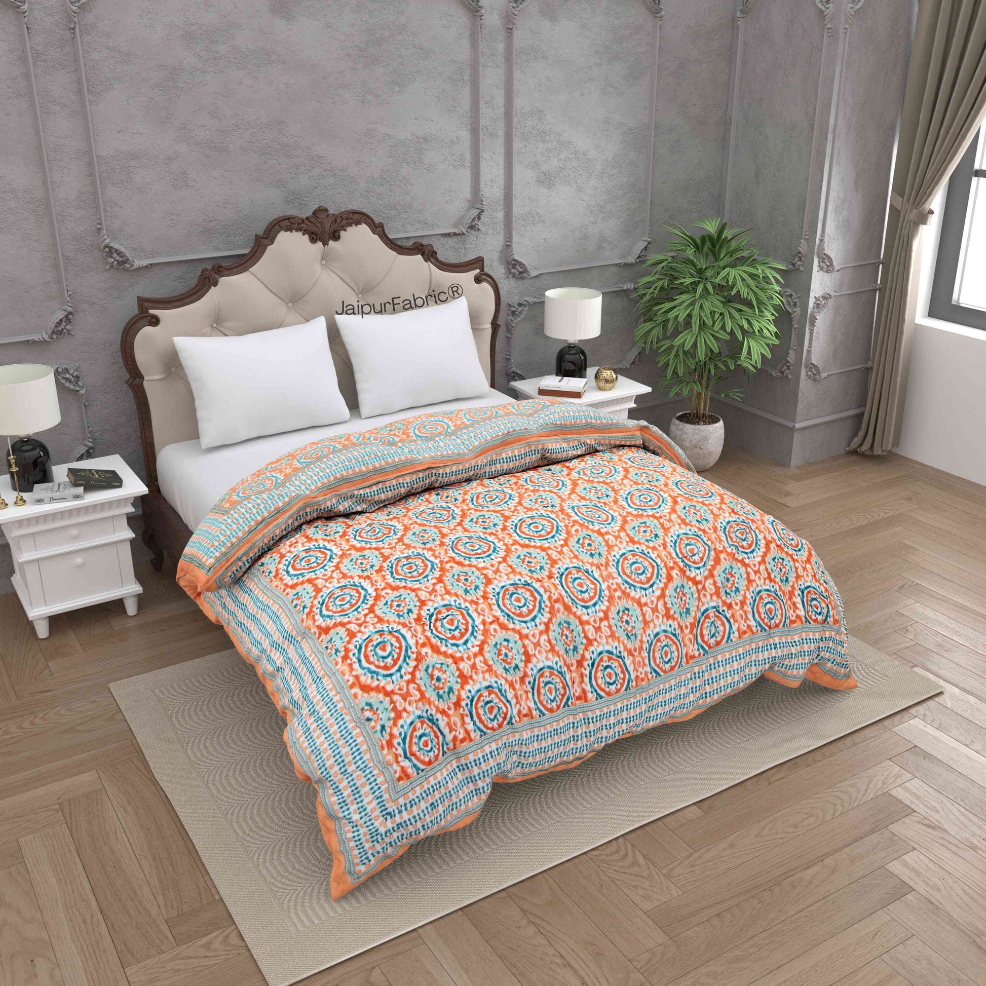 Peacock Elegance Reversible Vibrant Peach & Teal Motifs Double Bed Quilt Rajai