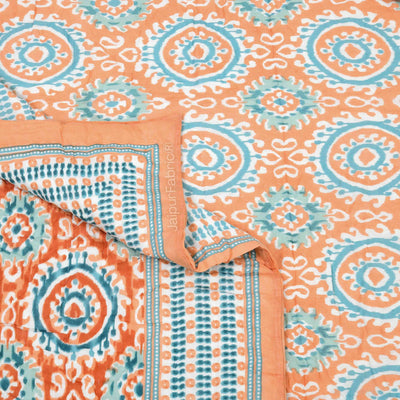 Peacock Elegance Reversible Vibrant Peach & Teal Motifs Double Bed Quilt Rajai