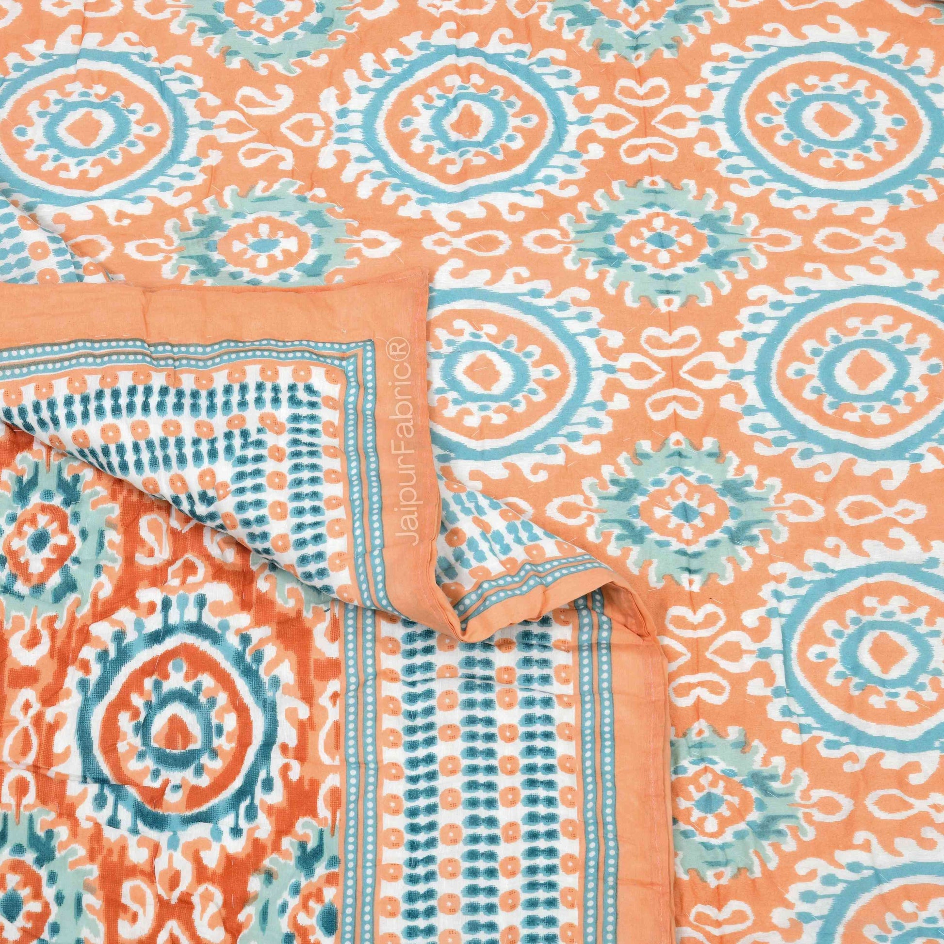 Peacock Elegance Reversible Vibrant Peach & Teal Motifs Double Bed Quilt Rajai