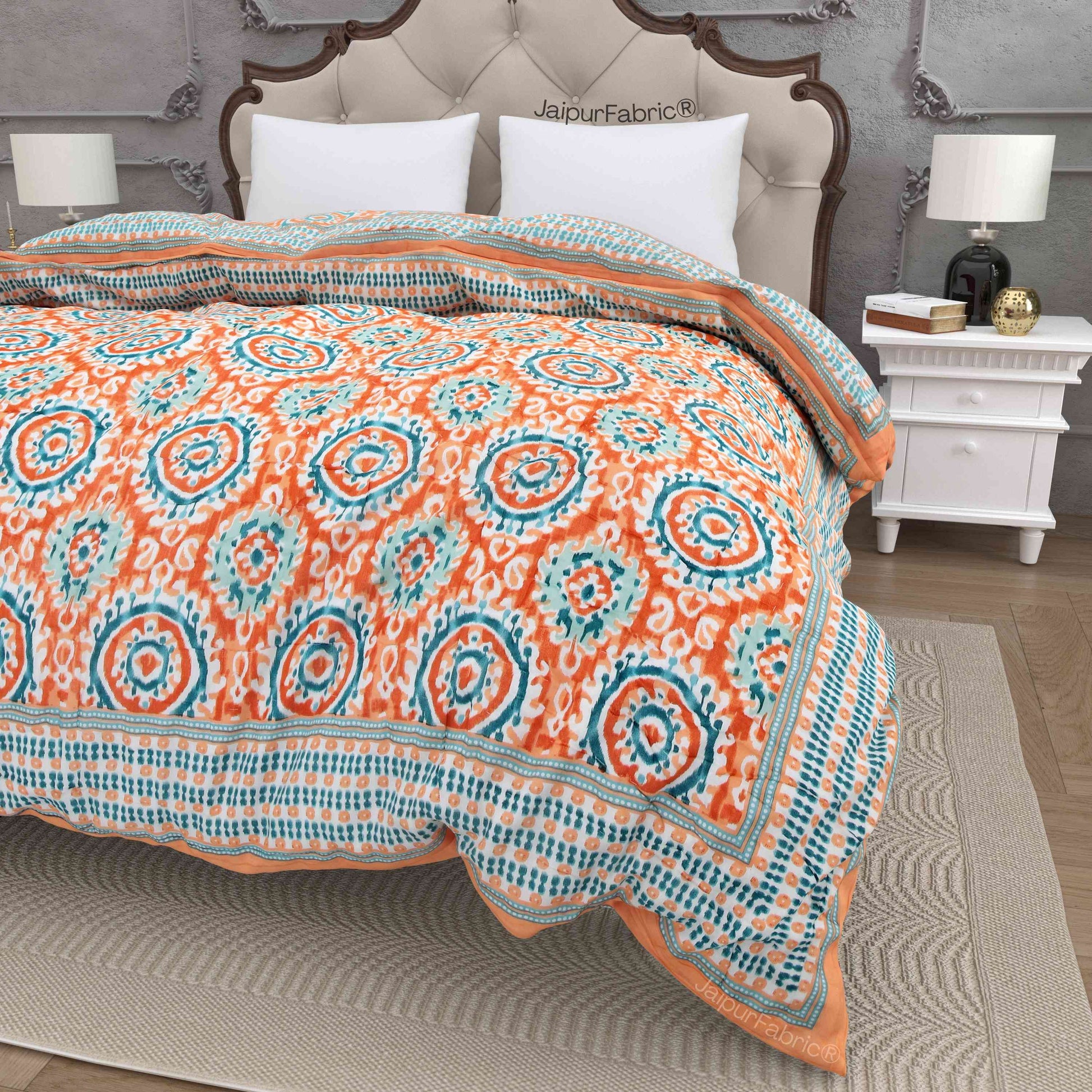 Peacock Elegance Reversible Vibrant Peach & Teal Motifs Double Bed Quilt Rajai