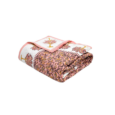 Traditional Tree Motifs Reversible Saffron Floral Print Double Sided Quilt Rajai