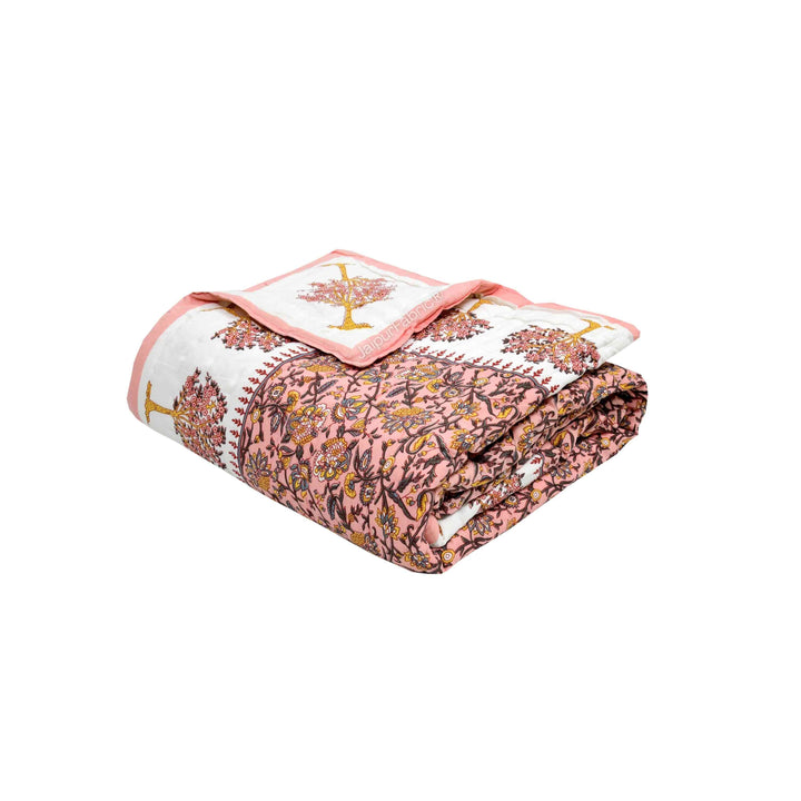 Traditional Tree Motifs Reversible Saffron Floral Print Double Sided Quilt Rajai