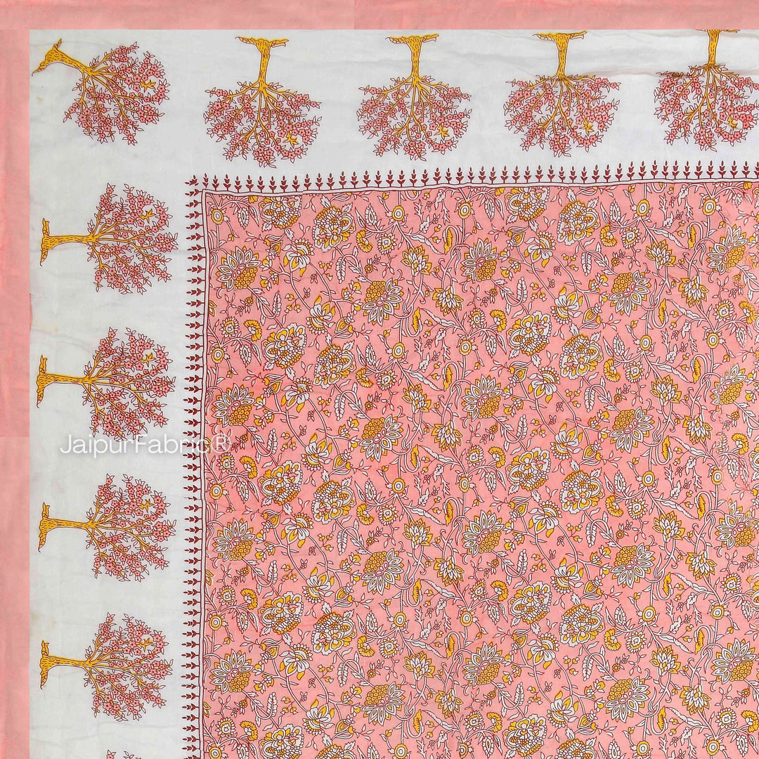 Traditional Tree Motifs Reversible Saffron Floral Print Double Sided Quilt Rajai