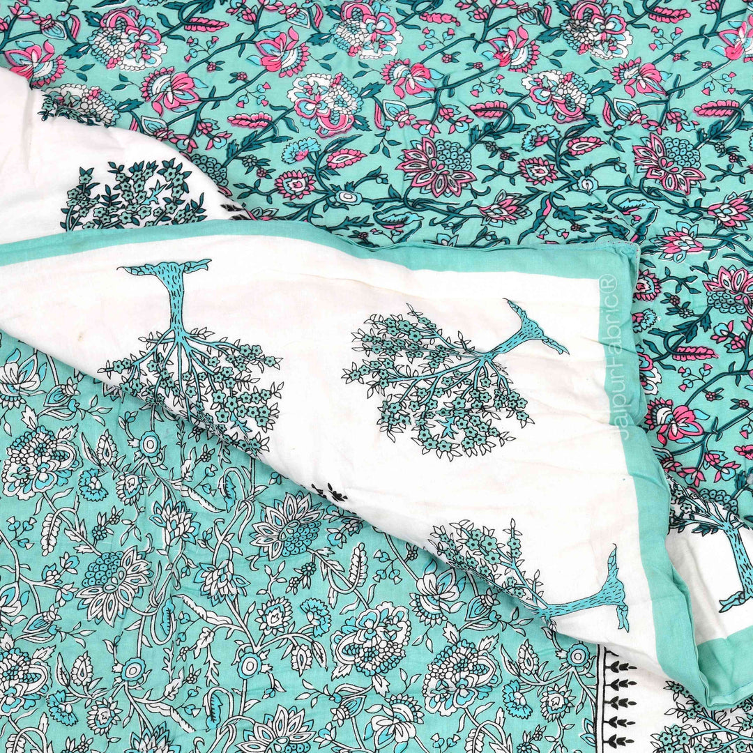 Traditional Tree Motifs Reversible Turquoise Floral Print Double Sided Quilt Rajai