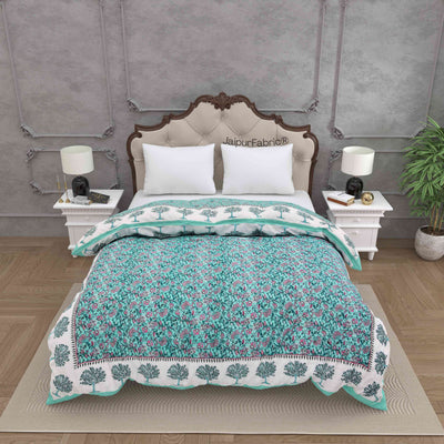 Traditional Tree Motifs Reversible Turquoise Floral Print Double Sided Quilt Rajai