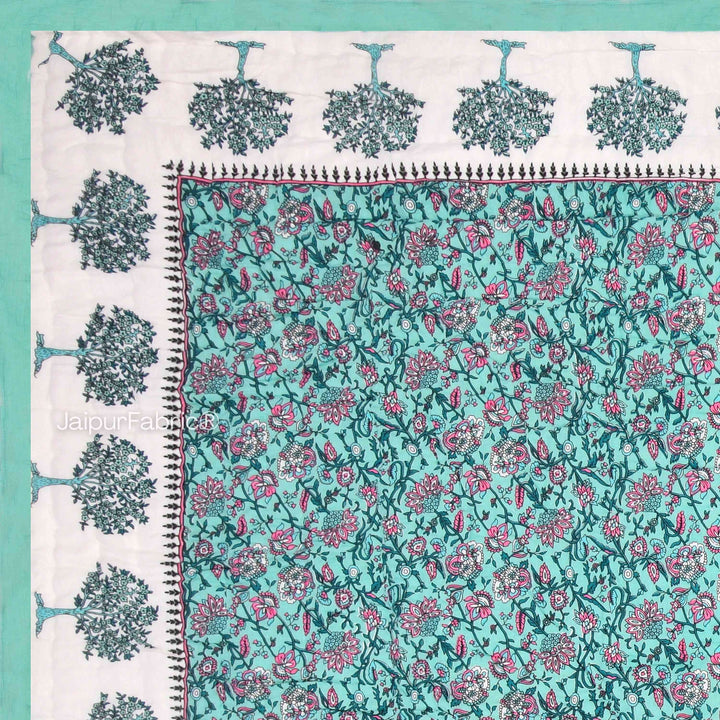 Traditional Tree Motifs Reversible Turquoise Floral Print Double Sided Quilt Rajai