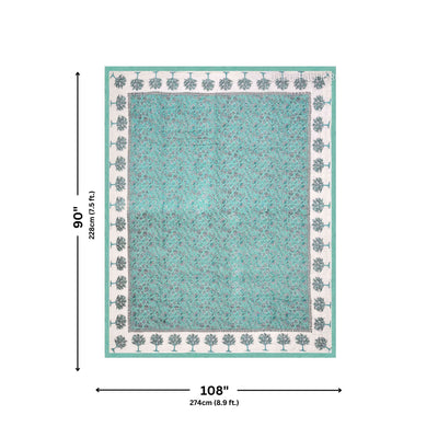 Traditional Tree Motifs Reversible Turquoise Floral Print Double Sided Quilt Rajai