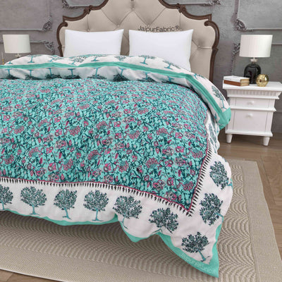 Traditional Tree Motifs Reversible Turquoise Floral Print Double Sided Quilt Rajai