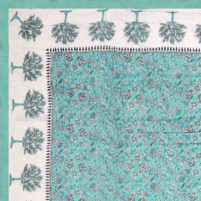 Traditional Tree Motifs Reversible Turquoise Floral Print Double Sided Quilt Rajai