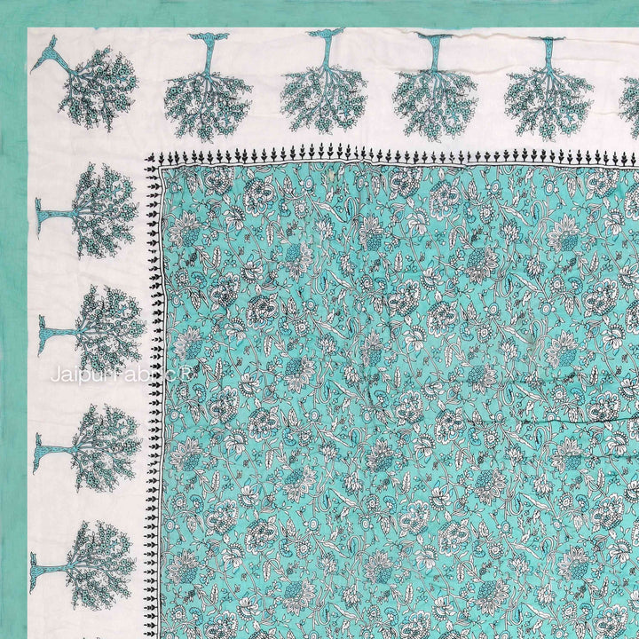 Traditional Tree Motifs Reversible Turquoise Floral Print Double Sided Quilt Rajai