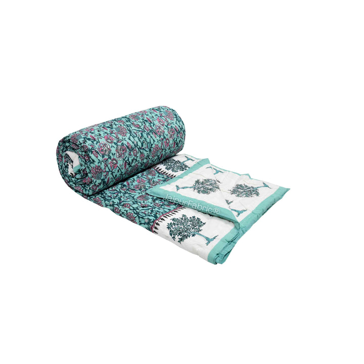 Traditional Tree Motifs Reversible Turquoise Floral Print Double Sided Quilt Rajai