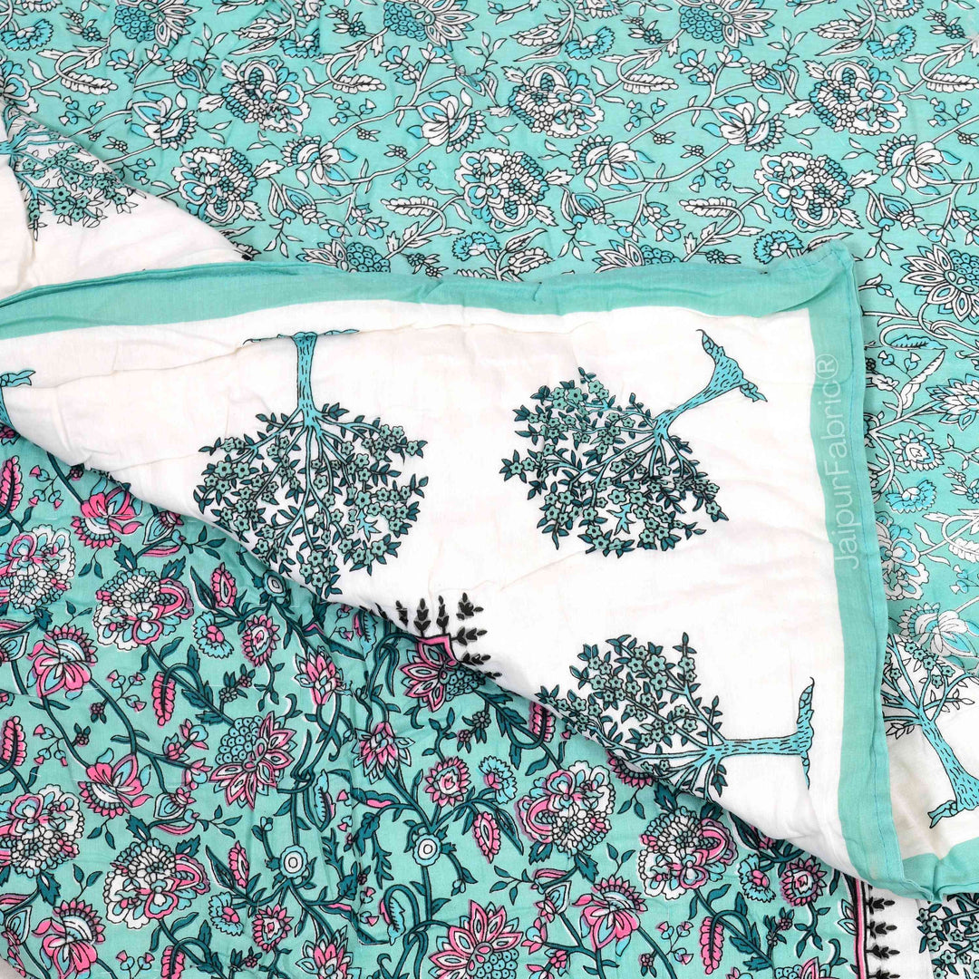 Traditional Tree Motifs Reversible Turquoise Floral Print Double Sided Quilt Rajai