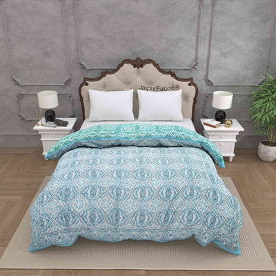 Reversible Quilt Rajai with Turquoise Medallion Dual-Design Print for Stylish Bedrooms
