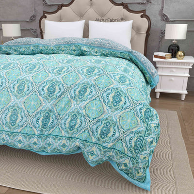 Reversible Quilt Rajai with Turquoise Medallion Dual-Design Print for Stylish Bedrooms