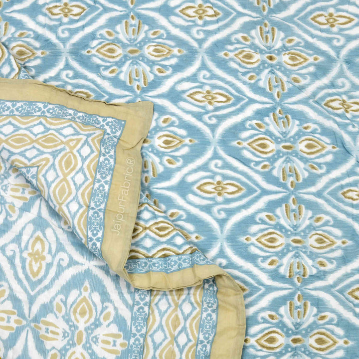 Turquoise Medallion Reversible Double Bed Quilt Rajai with Ornate Geometric Charms Design