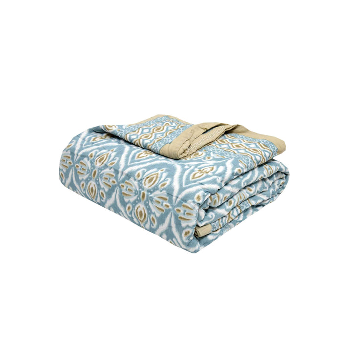 Turquoise Medallion Reversible Double Bed Quilt Rajai with Ornate Geometric Charms Design